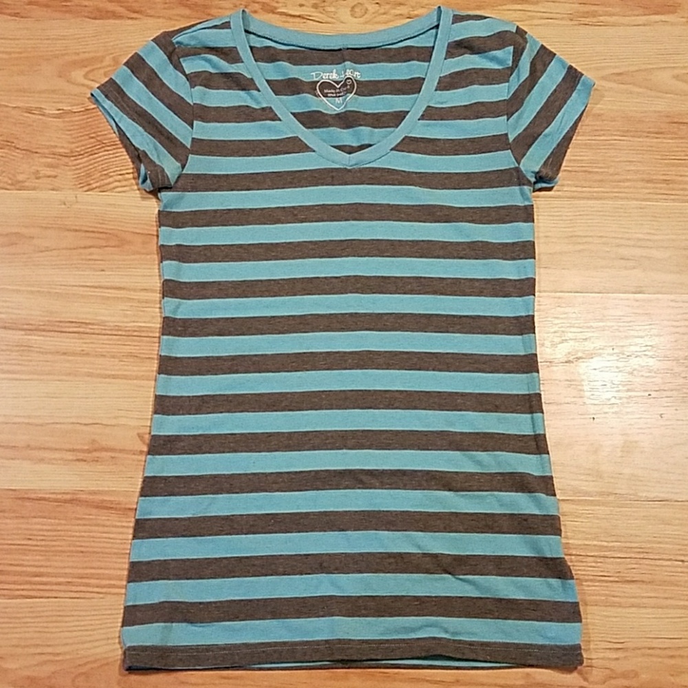 V-Neck Grey & Blue Striped Short Sleeve Tee Shirt